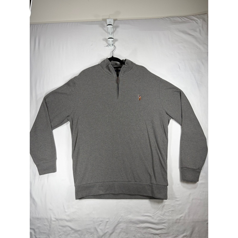 US Polo Assn Quarter Zip Pullover Mens Large Gray Excellent Ribbed Mock Neck